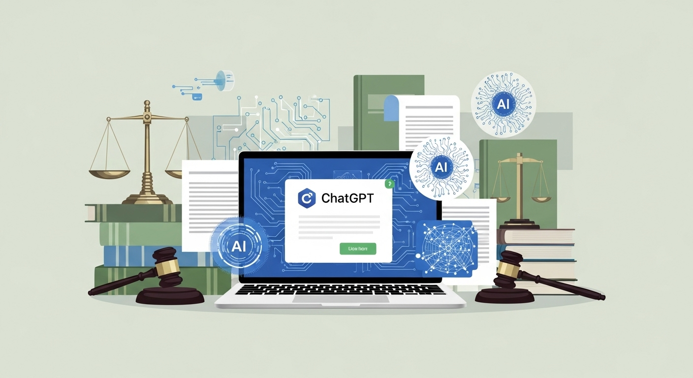 Professional illustration showing AI integration in legal practice with ChatGPT interface and legal documents